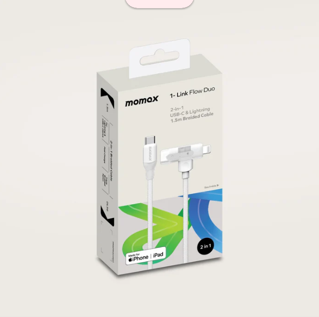 كيبل موماكس 1-Link Flow ديو 2 في 1 مضفر USB-C إلي Lightning مقاس 1.5 متر | أبيض كيبل موماكس 1-Link Flow ديو 2 في 1 مضفر USB-C إلي Lightning مقاس 1.5 متر | أبيض